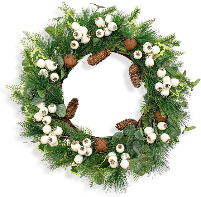 22" Christmas Wreath Artificial Winter Wreaths for Front Door Christmas Door Wreath with White Berries Pine Cones Needles Bells for Christmas and Winter Holidays