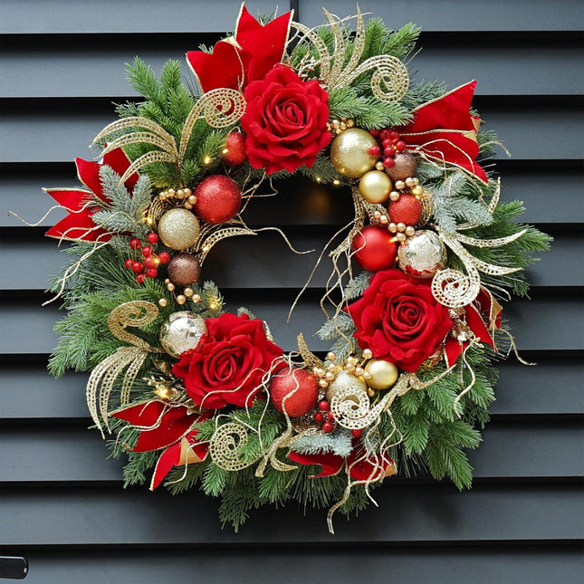 Pre-lit Christmas Wreaths for Front Door 24 Inch Outdoor Christmas Wreath with Lights,Luxury Lighted Xmas Door Wreath with Ball Ornamental,Red Rose Flowers for Farmhouse Home Decorations