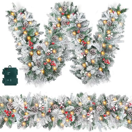 9FT Christmas Garland Decoration, Battery Operated Lighted Prelit Garland with Timers Pine Cones Berries Lush Branches, Snowy Xmas Garland for Mantle, Stairs, Fireplace, Outdoor, Party, Home Decor