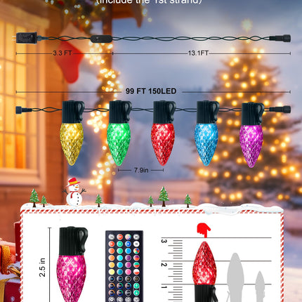 Brightown C9 LED Christmas Lights Outdoor, 150LED RGB Smart Christmas Tree Lights Music Sync DIY APP Controlled, Waterproof Connectable C9 String Lights for House Indoor Patio Xmas Decoration