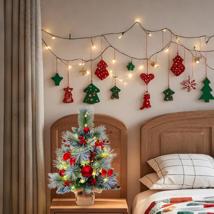 Small Christmas Tree with 50 Lights，22 Inches Artificial Tabletop Mini Christmas Tree with Pine Needle Branches Red Berries Red Bowknots Christmas Decorations for Home Store Party Holiday