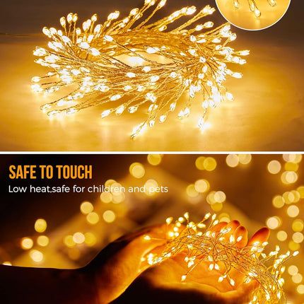 10Feet Battery Operated Fairy Lights, 120LEDs Firecracker String Lights Waterproof Silver Wire Starry Firefly Lights for DIY Wreath Home Weeding Indoor Outdoor Christmas Decorations, Warm White