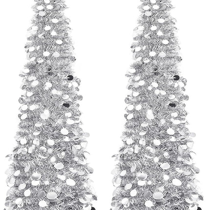 Leyndo 2 Pcs 5 ft Collapsible Artificial Christmas Tree Pencil Pop up Christmas Tree Tinsel Skinny Silver Sequined Christmas Tree for Home Fireplace Decoration