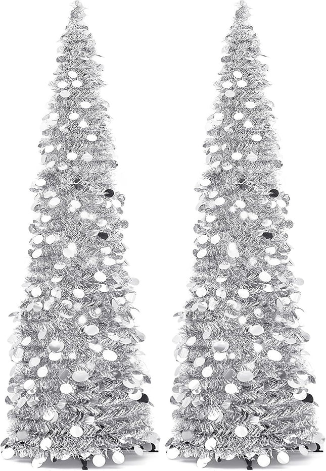 Leyndo 2 Pcs 5 ft Collapsible Artificial Christmas Tree Pencil Pop up Christmas Tree Tinsel Skinny Silver Sequined Christmas Tree for Home Fireplace Decoration