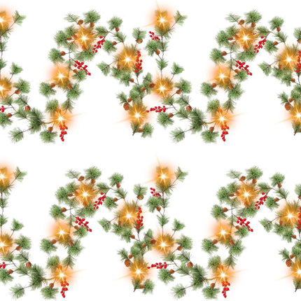 Retisee 4 Pcs 26.24 ft Christmas Garland with Lights Christmas Smokey Pine Garland with Remote Control, 120 LED Lights 8 Mode, Red Berry Garland for Indoor Outdoor Fireplace Mantel Stairs Decorations