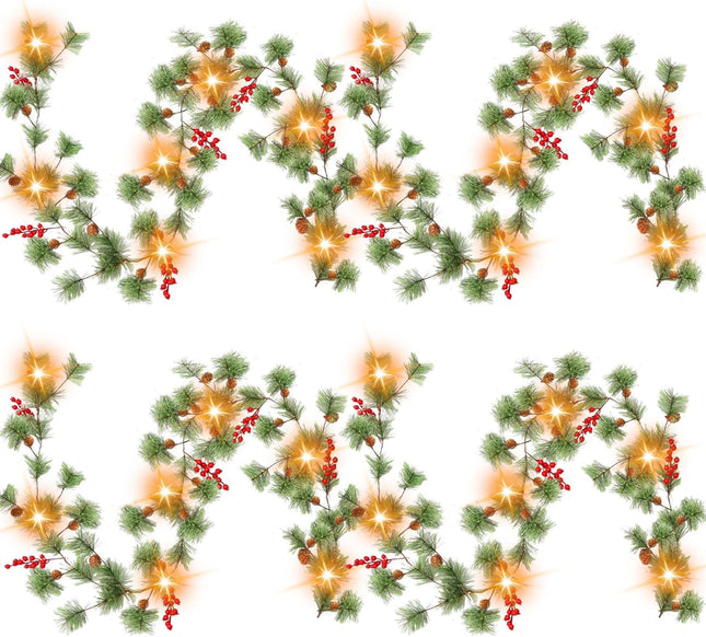 Retisee 4 Pcs 26.24 ft Christmas Garland with Lights Christmas Smokey Pine Garland with Remote Control, 120 LED Lights 8 Mode, Red Berry Garland for Indoor Outdoor Fireplace Mantel Stairs Decorations