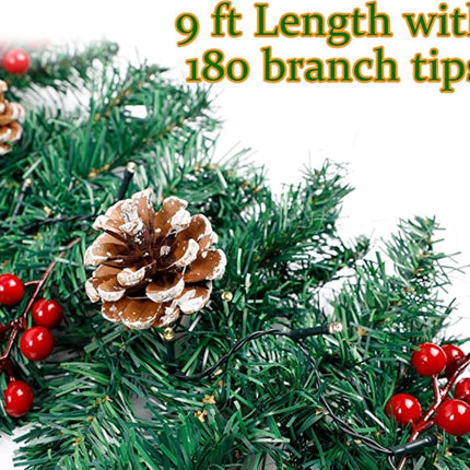 9FT Christmas Garland Decoration ，Battery Operated Lighted Garland with Pine Cones Red Berries Lush Branches，50 LED Lights 8 Modes，Christmas Decorations