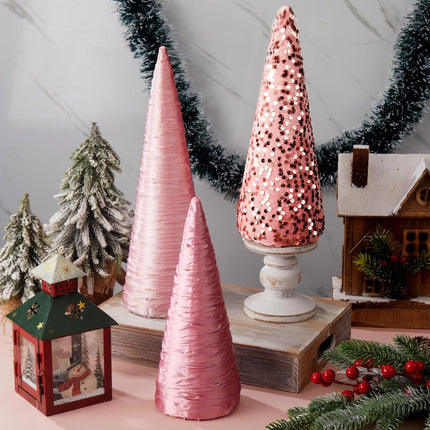 Ceenna 3 Pcs Pink Christmas Cone Trees, Velvet Sequin Christmas Tree Cones Modern Winter Tree Decorations Handmade Table Centerpiece Decor for Xmas Farmhouse Home Decor (13.7inch, 11.8inch, 9.8inch)