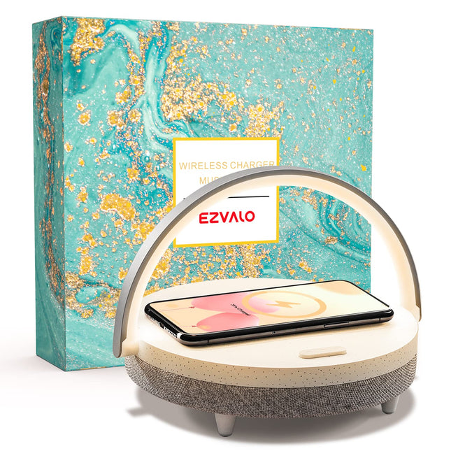 EZVALO for Her, Music Table Lamp with Wireless Charger, 4 in 1 Touch Bedside Lamp, Portable Bluetooth Speaker, Phone Holder, Dimmable LED Night Light Birthday s for Women, Men, Dad, Mom
