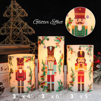 Christmas Flameless Candles Battery Operated, Holiday Nutcracker LED Candles with Remote, Realistic Pillar Candles for Xmas Tree, Mantel, Home Decor, Set of 3