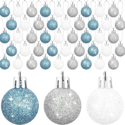 Liliful 72 Pcs Mini Christmas Balls Mini Xmas Ball Tree Hanging Ornaments Glitter Christmas Ball for Christmas Tree Party Wedding Indoor Outdoor Holiday Decoration (White, Silver, Blue,1.18 Inch)