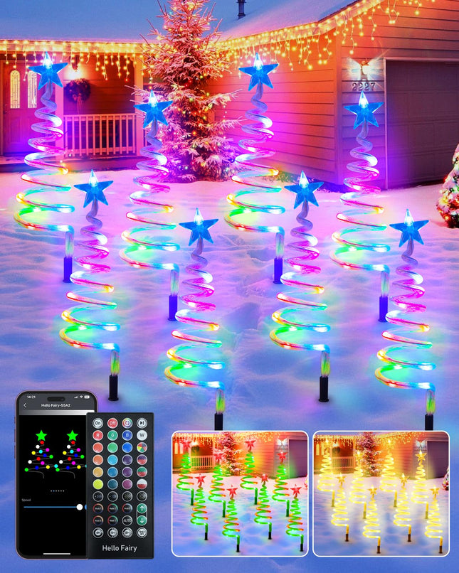 CUBE 8 Pcs Christmas Pathway Lights Smart Multicolor Spiral Xmas Trees Lights with APP&Remote, DIY,Timer, Waterproof, LED Christmas Decorations Outdoor Pathway Lights for Halloween,Party