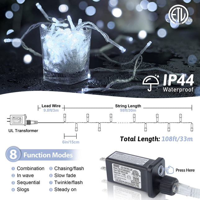 String Lights Indoor,YOUNGAR Twinkle Lights,98FT 200 LED 8 Modes White Christmas Lights Outdoor, 30V UL Small Lights Plug in for Home, Garden, Wedding, Party,Holiday Decoration