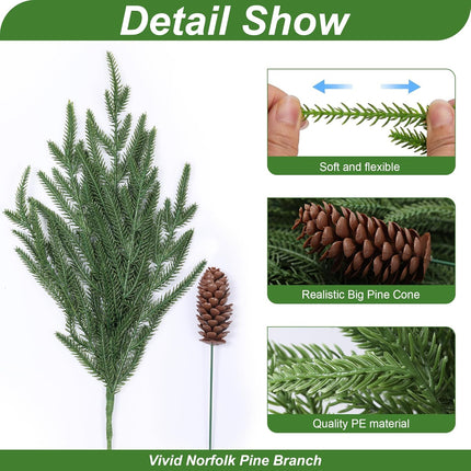 Artificial Christmas Norfolk Pine Stems Branches for Vases,12 Bundles Faux Fake Greenery Evergreen Real Touch Feel Green Branch with Pinecones for Holiday Winter Table Xmas Decorating