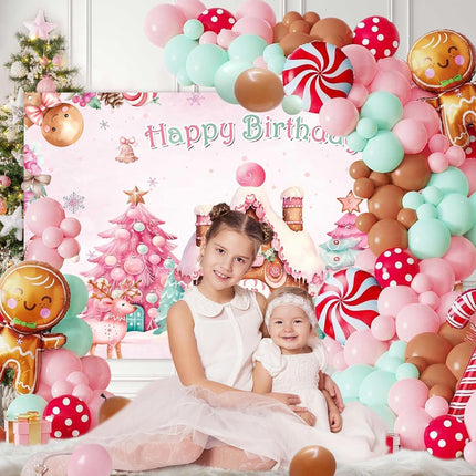 Lofaris Christmas Gingerbread House Happy Birthday Party Decorations 140pcs Gingerbread Balloon Arch Garland Kit Winter Merry Xmas Pink Bday Snowflake Candyland Banner Backdrop
