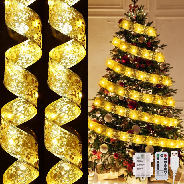 Dailyart Christmas Ribbon Fairy Lights 2 Pack Total 100LED USB& Battery Operated String Lights Timer 46FT Christmas Lights Indoor with 8 Modes Fairy Lights with Remote for Xmas Tree Garland Decoration