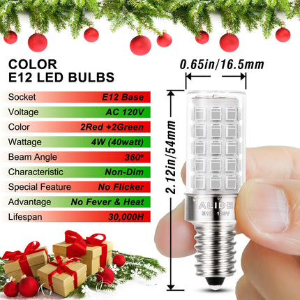 ALIDE Red Green E12 LED Candle Light Bulb4W, 40Watt Equivalent, E12 Small Base C7 T6 Red Green LED Bulbs for Christmas Holiday Festival Party Decoration Chandelier Candelabra Bulbs,4Pack Mix