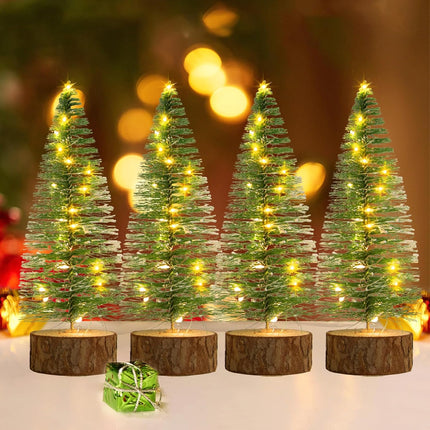 4 Pcs Mini Christmas Trees, 8 Inch Artificial Christmas Bottle Brush Trees with Fairy Lights Battery Powered Tabletop Tree Decoration (Warm White)