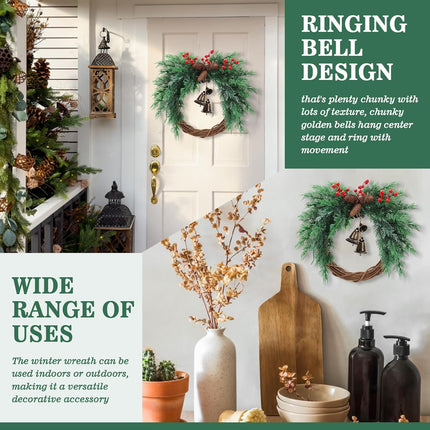 Christmas Wreath with Boho Bells - 20 Inch Farmhouse Christmas Artificial Pine Wreaths for Front Door - Winter Rattan Door Wreath with Pine Cone for Christmas Decor