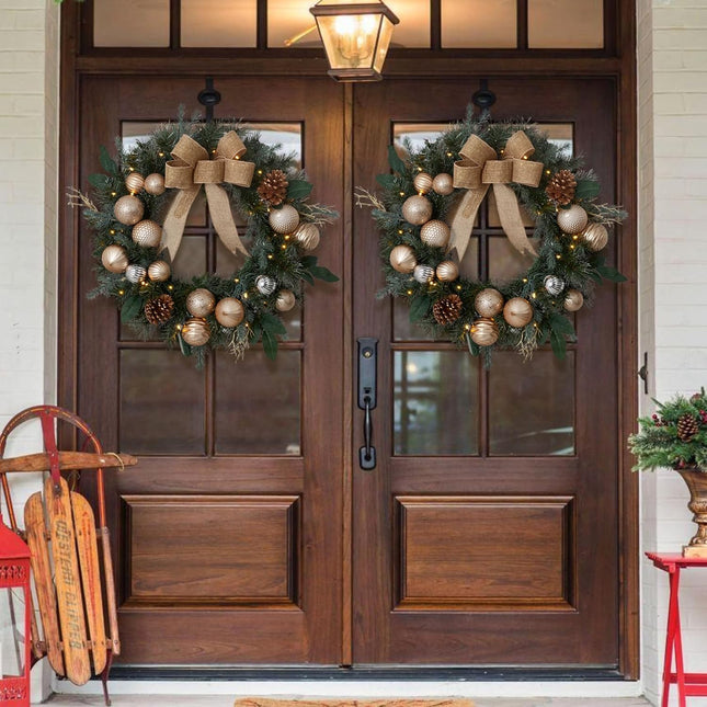 Pre Lit Wreaths 24 in Outdoor Christmas Wreaths Decor for Front Door, Gold Christmas Wreath with 50 LED Lights&Golden Bow& Balls, Christmas Door and Porch Decor Lit Holiday Wreath