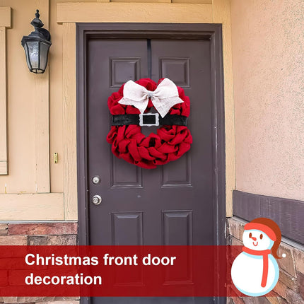 Riceshoot Santa Wreath 15.7 Inch Christmas Front Door Wreath Decoration Red Burlap Wreath Black Belt Silver Buckle Holiday Wreath for Christmas Indoor Outdoor Home Office Wall Wedding Holiday Party