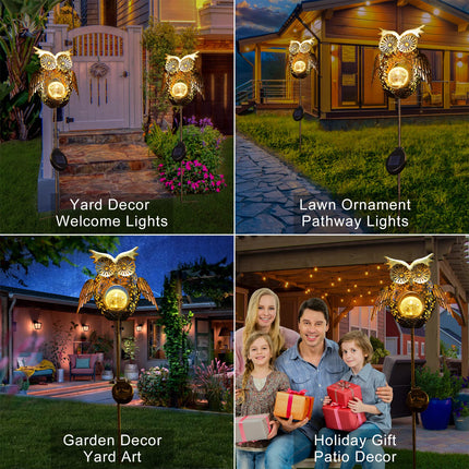Go2garden Solar Lights Outdoor Owl Decorative Metal Stakes Lights Crackle Glass Light for Lawn, Yard Art, Pathway, Patio Decor,Mothers' Day (Bronze)