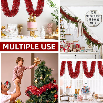 3 Pieces 59 Feet Christmas Foil Tinsel Garland, Metallic Tinsel Twist Garland Shiny Hanging Decorations for Holiday Tree, Party Supplies for Wedding, Birthday, Christmas (Red)