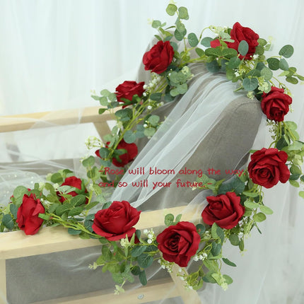 6.56FT Artificial Eucalyptus Garland with 12 Burgundy Roses Faux Greenery Garland Rose Vine for Halloween Christmas Wedding Backdrop Table Runner DIY Wreath Wall Decor
