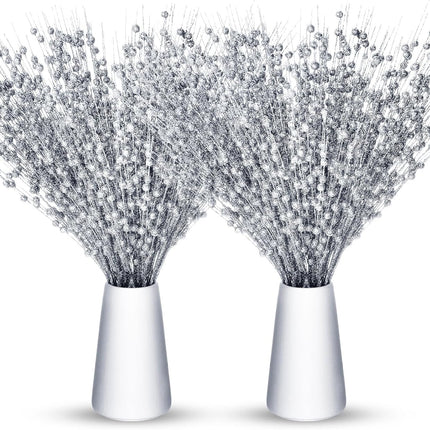Geosar 30 Pcs Christmas Artificial Glitter Berry Stem Decorations Bead Sticks Pick 17 Inch Xmas Ornaments Glittery Twigs for Christmas Tree Halloween Wreath Vase Filler Home Decor(Silver)