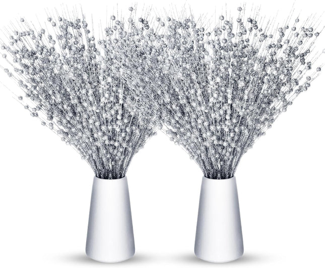 Geosar 30 Pcs Christmas Artificial Glitter Berry Stem Decorations Bead Sticks Pick 17 Inch Xmas Ornaments Glittery Twigs for Christmas Tree Halloween Wreath Vase Filler Home Decor(Silver)