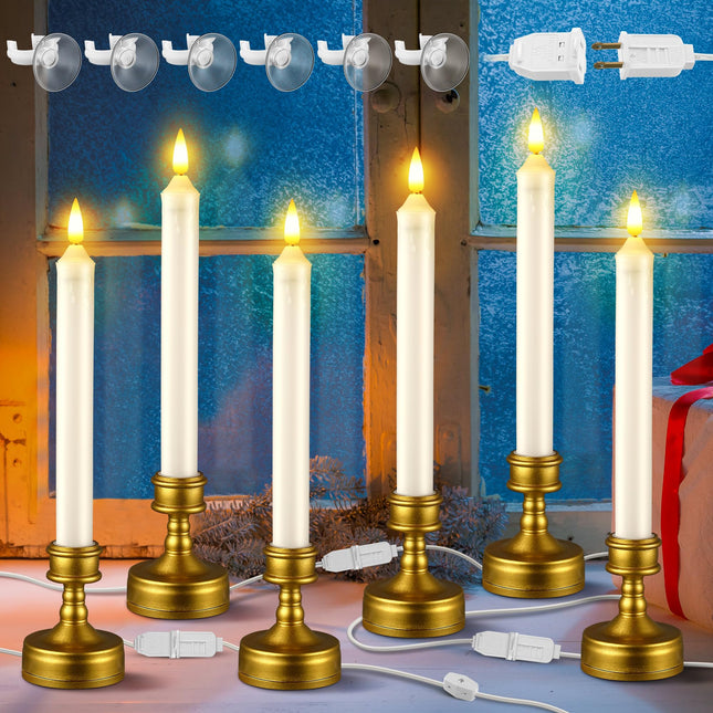 Meonum 6 Pack Christmas Window Candles Lights with Connectable Plug, on Off Switch and Suction Cups, 0.8w Plug in Flameless Taper LED Candle Light for Windows, 4.92ft Cords