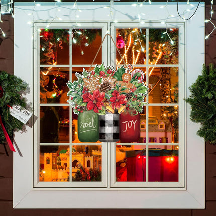 Whaline Christmas Wooden Hanging Sign Xmas Floral Welcome Door Sign Christmas Noel Joy Mason Jar Wood Door Hanger for Christmas Year Farmhouse Home Office Window Decoration