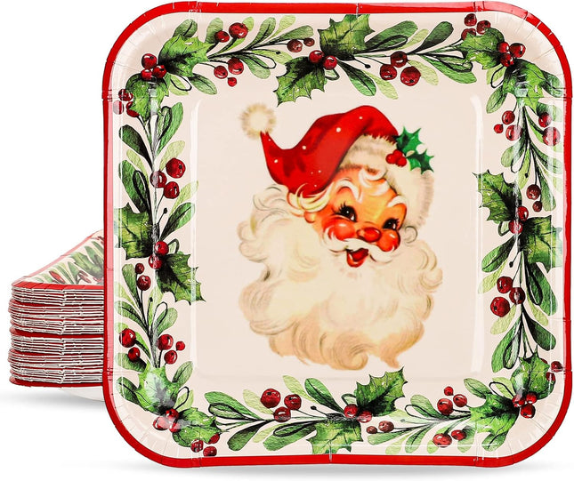 Whaline Christmas Paper Square Plates 40 Pieces Vintage Santa Claus Xmas Wreath Party Disposable Tableware Holiday Supplies for Home Kitchen Table Decor, 9 Inch