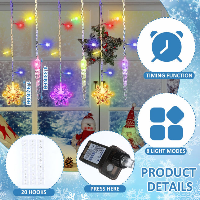 VIHOSE Christmas Snowflake and Icicle Lights Outdoor LED Curtain Light Waterproof Christmas Light Snowflake Drops with Remote Modes for Eaves Windows Garden Yard Indoor Xmas Decor (Colorful,12ft)