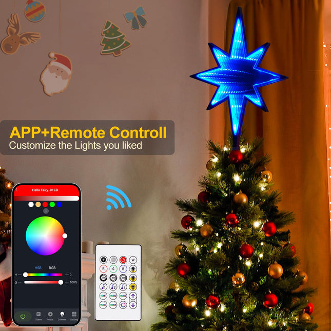 Smart Christmas Tree Topper Star, 8.7" W12.0''H 27LED RGB Color Change Xmas Tree Decorations, App Remote Control, USB Powered, Music Sync Xmax Topper for Holiday Party Decorations
