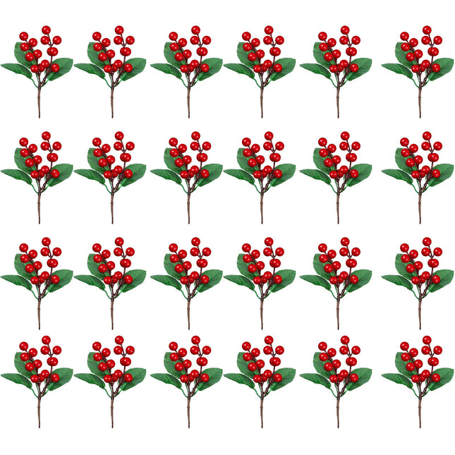 WILLBOND 24 Pieces Artificial Christmas Berry Picking Berry Branches Holly Leaves Picking Fake Berries Christmas Crafts Party Holiday Decoration (Natural Color)