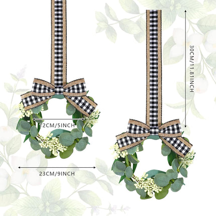 Syhood 2 Pieces 9" Mini Eucalyptus Wreath Artificial Spring Summer Greenery Wreath for Front Door Farmhouse Kitchen Cabinet Wreaths with Ribbon for Porch Wall Window Decor(Plaid Bow Style)