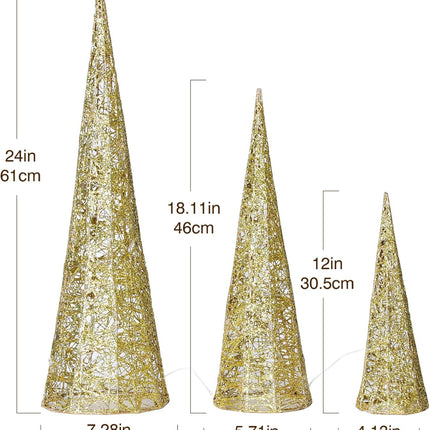 Lewondr Christmas Cone Trees, Set of 3 Christmas Tree with Lights and Glitters(24"/18"/12"), Battery Powered Decorative Winding Thread Outdoor Cone Christmas Tree for Home Holiday Xmas Décor, Gold