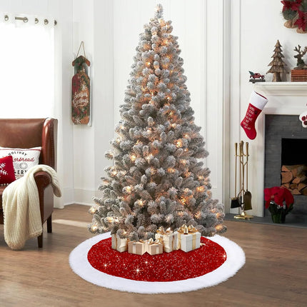 TOCHGREEN Sequin Christmas Tree Skirt 48inches Sparkly Tree Skirts with White Faux Fur Plush Tree Mat for Xmas Tree Holiday Winter Home Party Christmas Halloween Thanksgiving Decoration