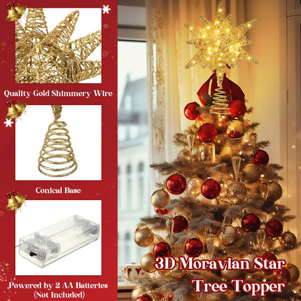 Poen 26 Pcs Christmas Tree Decoration Set,11.8" Gold Christmas Star Tree Topper 33 ft 80 LED Lights and 24 Pcs Mini Xmas Hanging Balls Ornament for Winter Holiday Christmas Decor(Gold, Green)