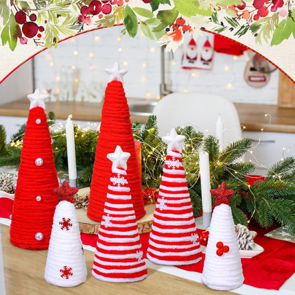 6 Pcs Christmas Table Decorations Mini Christmas Trees Yarn Trees Red and White Farmhouse Decor Tabletop Xmas Ornaments for Home Table Indoor Kitchen Room Holiday Tiered Tray