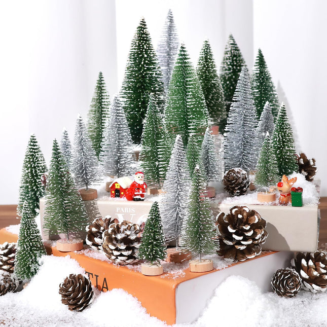 Set of 35PCS Mini Christmas Tree, Christmas Pine Cones, 2oz Fake Snow Powder, Mixed Christmas Decoration, Xmas Village Displays Winter DIY Crafts (Classic Green)