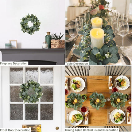 Mini Artificial Wreath Eucalyptus 10" Faux Eucalyptus Leaves Cabinet Wreath Artificial Greenery Wreath for Front Door Farmhouse Wall Window Wedding Home Decoration (Green Leaf-3 PCS)