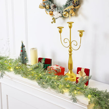 2 Pcs 5.84 Ft LED Artificial Frosted Pine Garland Glitter Frosted Cedar Garland Christmas Faux Cypress Pine Garland Winter Greenery Garland for Table Mantel Holiday Decorations