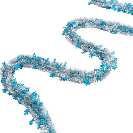 AnyDesign 32.8Ft Christmas Tinsel Garland Blue Sliver Metallic Twist Garland with Snowflakes Christmas Party Decorative Garland for Xmas Tree Classroom Office Christmas Party Decor DIY Craft