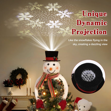 Lewondr Christmas Tree Topper Hat Projector, Snowman Hat Tree Topper with Snowflake Projector Light, Decorative Elf Hat Tree Topper for Xmas Tree Year Holiday Party Winter Home Decoration, White