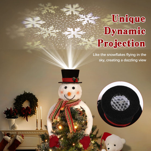 Lewondr Christmas Tree Topper Hat Projector, Snowman Hat Tree Topper with Snowflake Projector Light, Decorative Elf Hat Tree Topper for Xmas Tree Year Holiday Party Winter Home Decoration, White