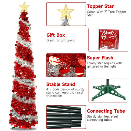 6ft Pop Up Christmas Tree Collapsible Christmas Tree, Instant Red & Silver Tinsel Christmas Tree Foldable, Sim Xmas Pencil Tree for Holiday Party Decor Indoor with Shiny Sequin and Topper Star