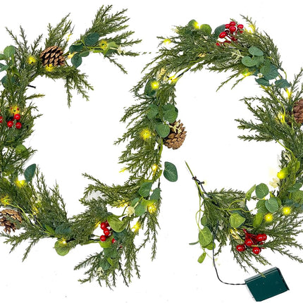 6FT Pre-lit Christmas Garland with 20 LED Lights,Battery Powered Christmas Lights with Pine Cones, Red Berries, Eucalyptus Leaves,Lighted Christmas Garland for Mantle,Stairs,Holiday Decor