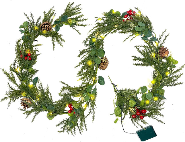 6FT Pre-lit Christmas Garland with 20 LED Lights,Battery Powered Christmas Lights with Pine Cones, Red Berries, Eucalyptus Leaves,Lighted Christmas Garland for Mantle,Stairs,Holiday Decor